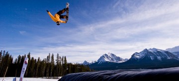 Colin Janssen testing the snowboard air bag. Photo by Russell Brown.